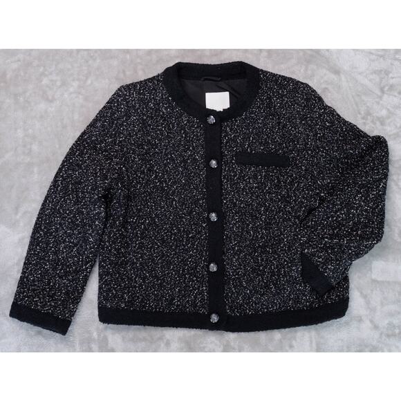 H&M Black White Textured Weave Wool Blend Tweed Lined Jacket Womens Size L - Picture 1 of 14